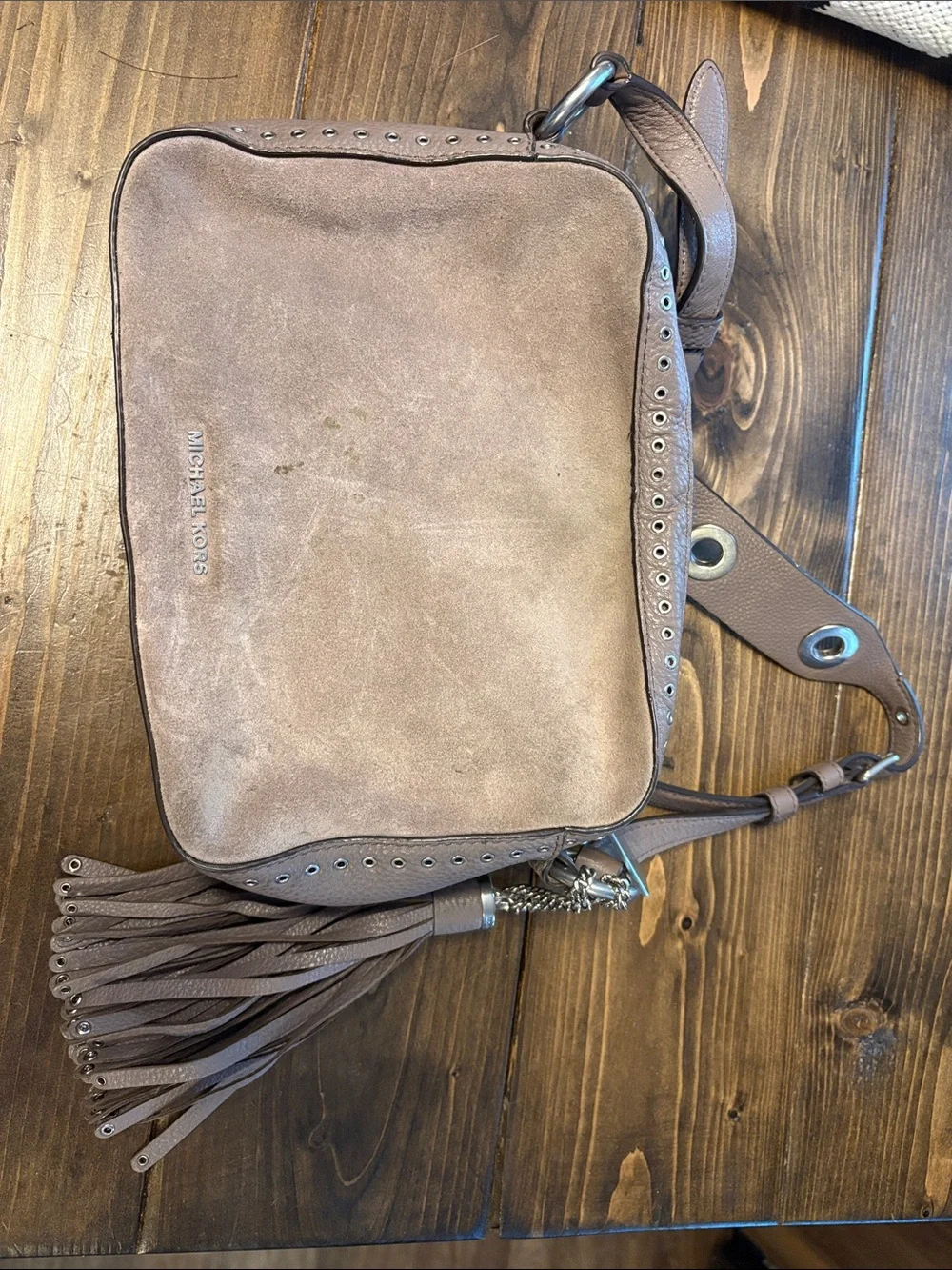 Michael Kors Taupe Leather Messenger with Tassel Accent